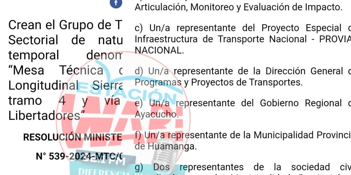 CREAN EL GRUPO DE TRABAJO SECTORIAL DE NATURALEZA TEMPORAL DENOMINADO “MESA TÉCNICA DE LA LONGITUDINAL SIERRA SUR TRAMO 4 Y VÍA LOS LIBERTADORES”