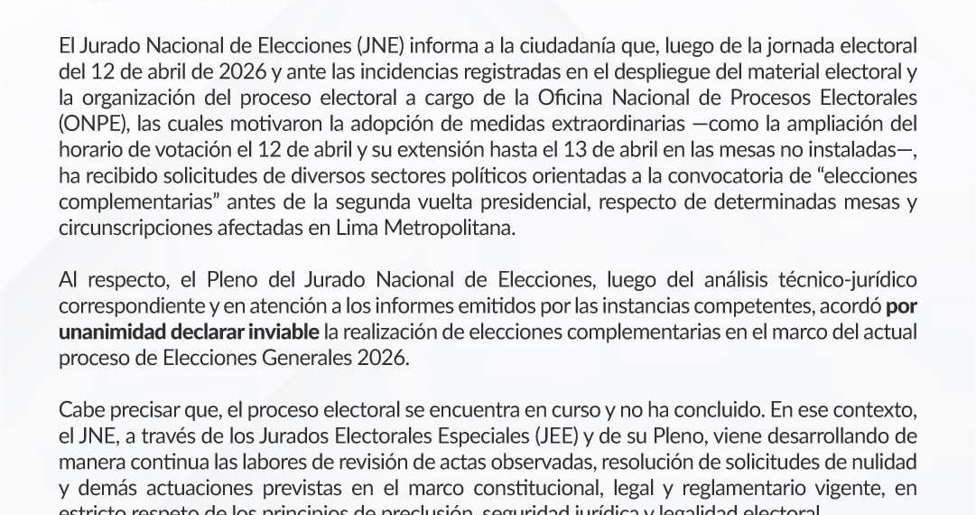 𝗝𝗡𝗘 𝗗𝗘𝗖𝗟𝗔𝗥𝗔 𝗜𝗡𝗩𝗜𝗔𝗕𝗟𝗘 𝗥𝗘𝗔𝗟𝗜𝗭𝗔𝗥 𝗘𝗟𝗘𝗖𝗖𝗜𝗢𝗡𝗘𝗦 𝗖𝗢𝗠𝗣𝗟𝗘𝗠𝗘𝗡𝗧𝗔𝗥𝗜𝗔𝗦 𝗧𝗥𝗔𝗦 𝗖𝗢𝗠𝗜𝗖𝗜𝗢𝗦 𝗚𝗘𝗡𝗘𝗥𝗔𝗟𝗘𝗦 𝟮𝟬𝟮𝟲